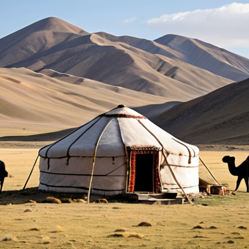 Home 18 **Prompt:** A Mongolian yurt on a vast, windswept steppe. The yurt is circular and made of felt, with a wooden frame visible. The landscape is rugged, with mountains in the distance, and a few grazing camels can be seen nearby. Focus on the warmth and protection offered by the yurt against the harsh environment.
