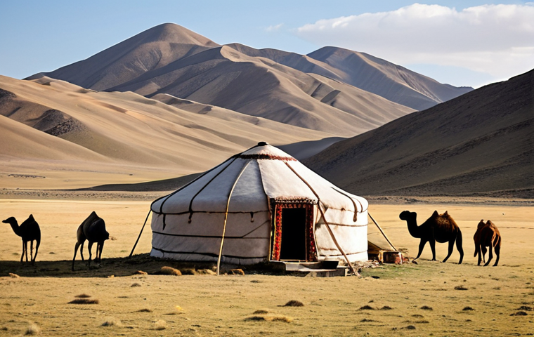**Prompt:** A Mongolian yurt on a vast, windswept steppe. The yurt is circular and made of felt, with a wooden frame visible. The landscape is rugged, with mountains in the distance, and a few grazing camels can be seen nearby. Focus on the warmth and protection offered by the yurt against the harsh environment.