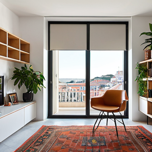 Home 17 Multifunctional Living Space in Lisbon**
Prompt: "A bright, modern apartment in Lisbon featuring a living room seamlessly transitioning into a home office. Modular furniture, like a sectional sofa and adjustable shelving, allows for flexible use of the space. Large windows offer a view of the city. The style should be contemporary Portuguese, with azulejo accents and indoor plants. Focus on showcasing how the space adapts to both work and leisure."
**