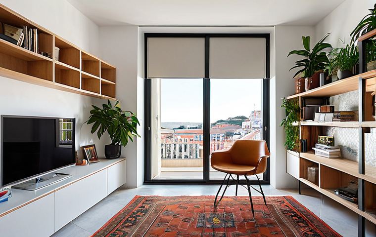 Multifunctional Living Space in Lisbon**
Prompt: "A bright, modern apartment in Lisbon featuring a living room seamlessly transitioning into a home office. Modular furniture, like a sectional sofa and adjustable shelving, allows for flexible use of the space. Large windows offer a view of the city. The style should be contemporary Portuguese, with azulejo accents and indoor plants. Focus on showcasing how the space adapts to both work and leisure."
**