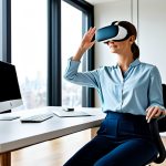 A professional woman, mid-30s, fully clothed in a modest, elegant business casual blouse and dark trousers, sitting comfortably on a modern ergonomic chair in a bright, minimalist home office. She is wearing a sleek virtual reality headset, with her hands gently raised, as if interacting with a virtual environment. The room has large windows showing a blurry urban skyline. The atmosphere is calm and focused, highlighting the immersive experience of exploring a property virtually. Perfect anatomy, correct proportions, natural pose, well-formed hands, proper finger count, natural body proportions, high-quality, professional photography, studio lighting, safe for work, appropriate content, fully clothed, family-friendly.