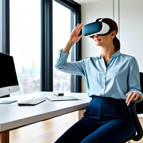 Home 8 A professional woman, mid-30s, fully clothed in a modest, elegant business casual blouse and dark trousers, sitting comfortably on a modern ergonomic chair in a bright, minimalist home office. She is wearing a sleek virtual reality headset, with her hands gently raised, as if interacting with a virtual environment. The room has large windows showing a blurry urban skyline. The atmosphere is calm and focused, highlighting the immersive experience of exploring a property virtually. Perfect anatomy, correct proportions, natural pose, well-formed hands, proper finger count, natural body proportions, high-quality, professional photography, studio lighting, safe for work, appropriate content, fully clothed, family-friendly.