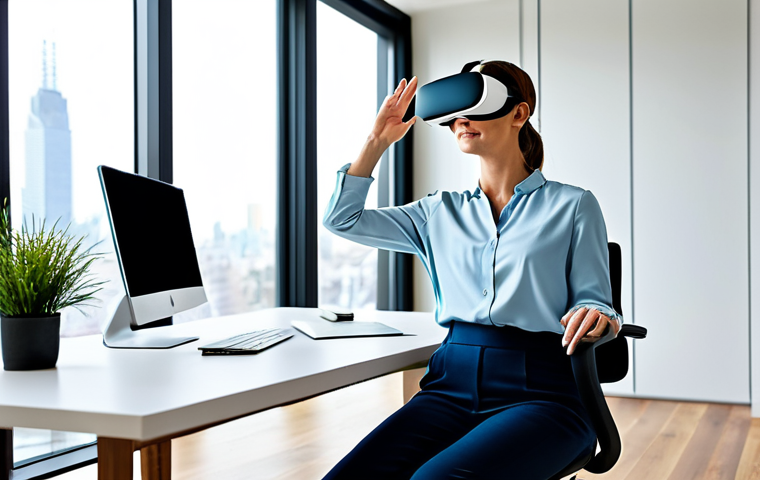 A professional woman, mid-30s, fully clothed in a modest, elegant business casual blouse and dark trousers, sitting comfortably on a modern ergonomic chair in a bright, minimalist home office. She is wearing a sleek virtual reality headset, with her hands gently raised, as if interacting with a virtual environment. The room has large windows showing a blurry urban skyline. The atmosphere is calm and focused, highlighting the immersive experience of exploring a property virtually. Perfect anatomy, correct proportions, natural pose, well-formed hands, proper finger count, natural body proportions, high-quality, professional photography, studio lighting, safe for work, appropriate content, fully clothed, family-friendly.