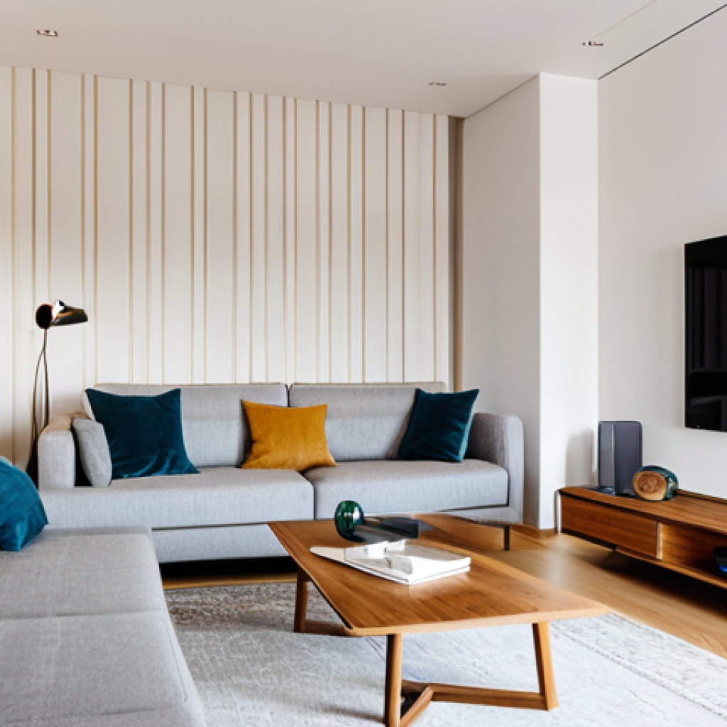 Smart Home Interior**

"Bright, modern apartment interior in Lisbon, Portugal. Fully clothed woman uses a tablet to control smart home features. Open plan living room with minimalist furniture, warm lighting.  Smart lighting control panel visible.  Safe for work, appropriate content, fully clothed, professional, perfect anatomy, natural proportions, high quality, family-friendly."

**