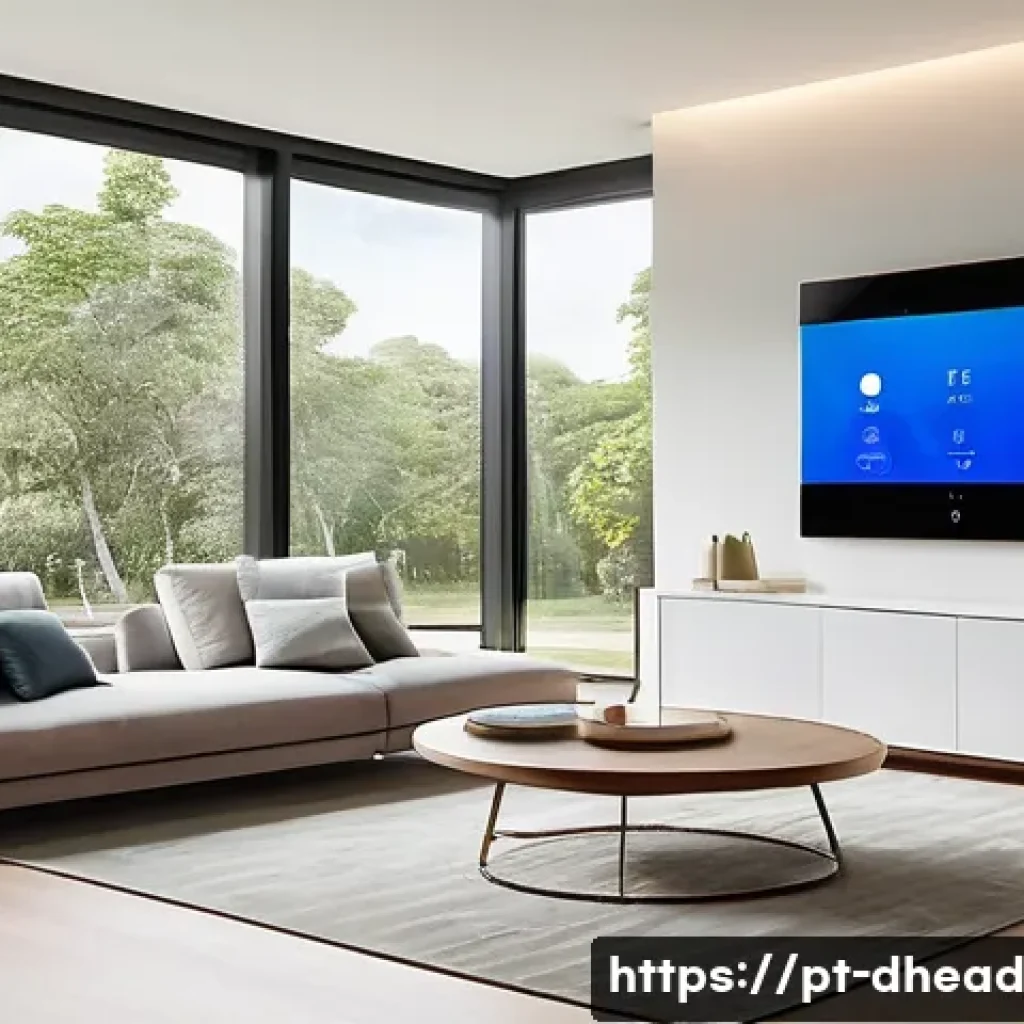 사물인터넷 IoT 과 주거 형태의 진화 - A modern Brazilian family living room equipped with smart home technology: sleek smart thermostat on...