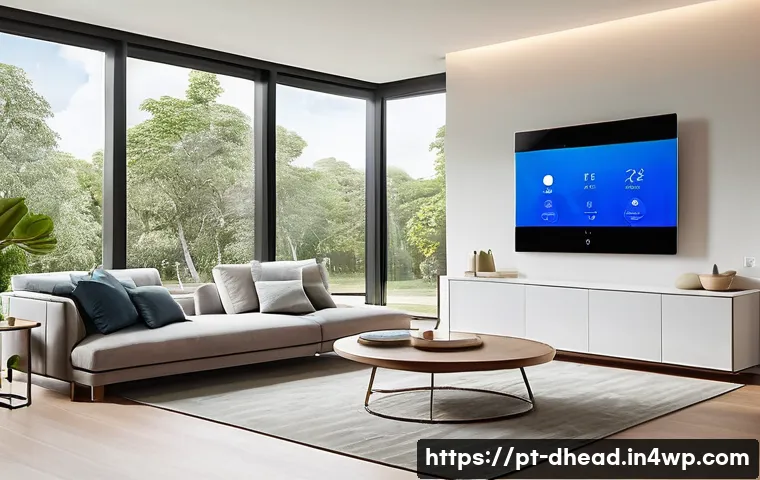 사물인터넷 IoT 과 주거 형태의 진화 - A modern Brazilian family living room equipped with smart home technology: sleek smart thermostat on...