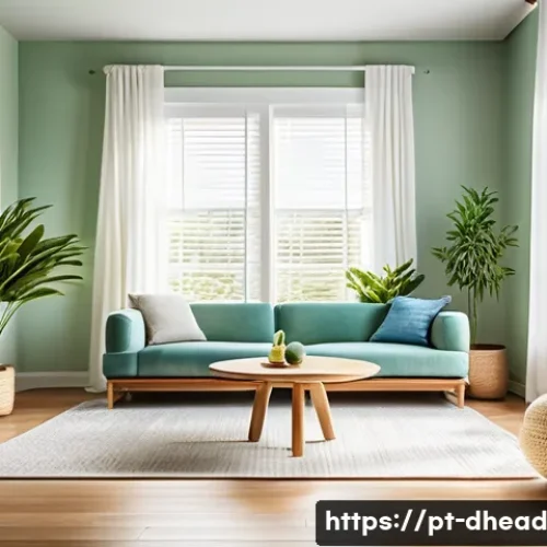 주거 형태에서의 건강과 웰빙 - A bright, modern living room bathed in natural sunlight streaming through large windows with sheer w...