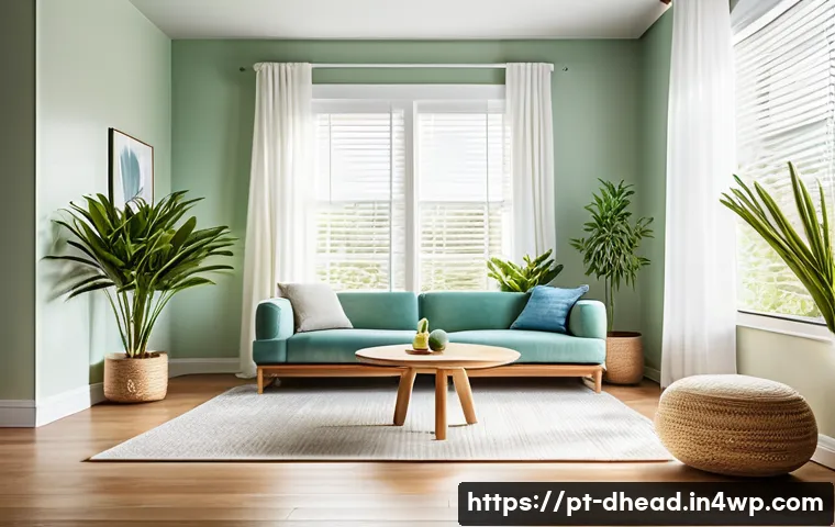 주거 형태에서의 건강과 웰빙 - A bright, modern living room bathed in natural sunlight streaming through large windows with sheer w...