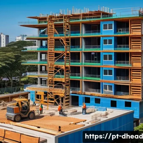 미래 주거 형태의 개발 비용 분석 - A modern sustainable residential building under construction in a vibrant Brazilian urban setting, f...