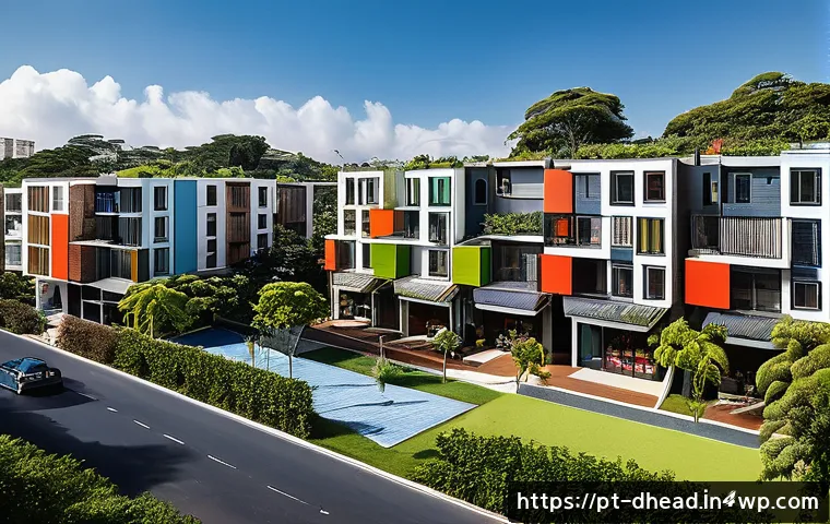 도시 외곽의 주거 형태 변화 - A vibrant urban scene in the outskirts of a Brazilian city showcasing small to medium-sized vertical...