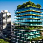 미래 주거 형태와 인구 밀도 문제 - A modern smart apartment building in São Paulo featuring advanced IoT connectivity: sleek glass faça...
