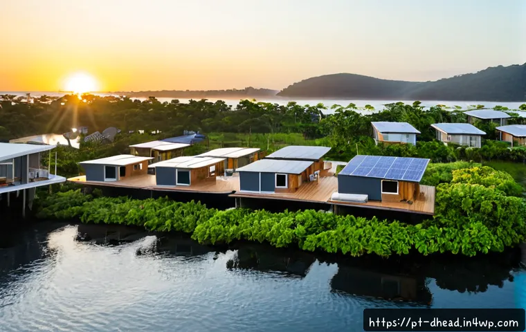 전세계의 혁신적인 주거 형태 사례 - Photorealistic architectural photograph of an innovative floating neighborhood on a calm Brazilian c...